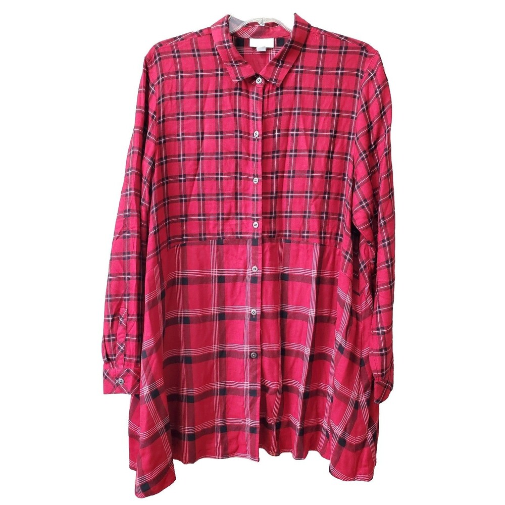 J Jill Red Mixed Plaid Buffalo Swing Button-Up Tunic Size Large Petite LP